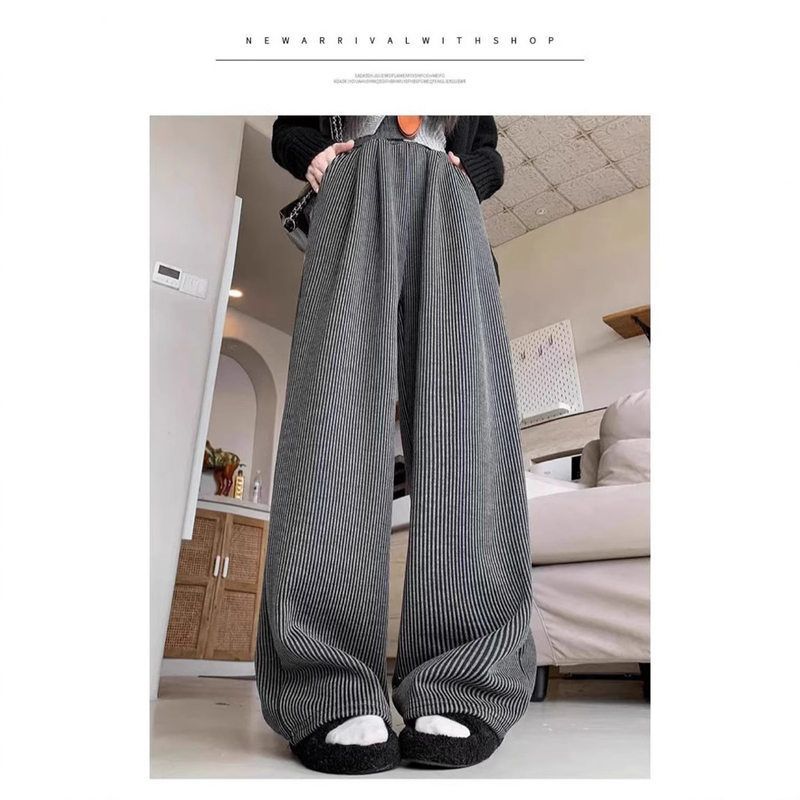 加绒加厚直条竖条羚羊绒条纹裤垂感阔腿裤秋冬休闲高腰