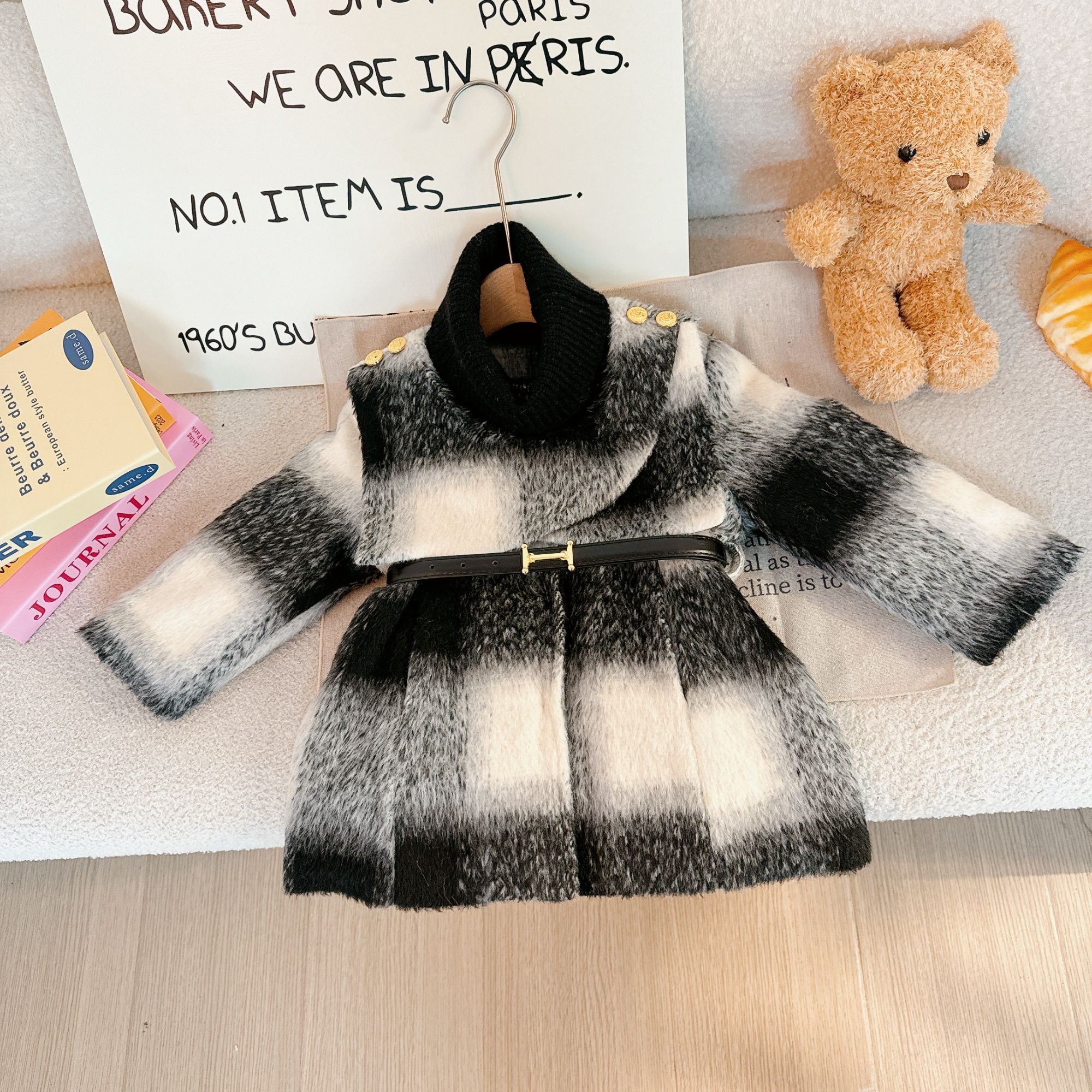 【黑白格】冬季新款中小童设计感高级感披肩外套套装4D103