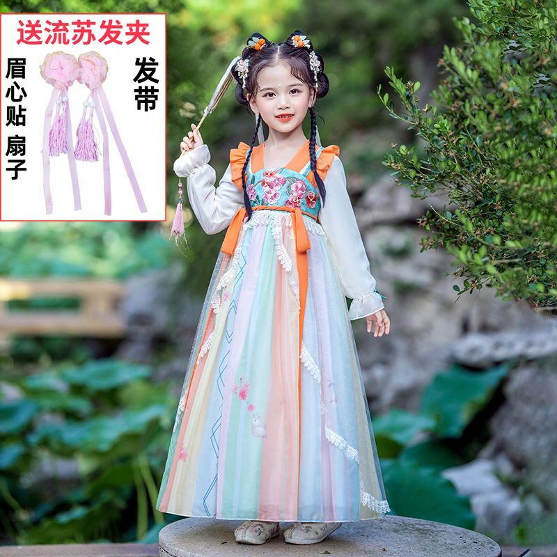 儿童早春飘逸女樱花公主唐装古风夏季连衣裙长袖高端秋季超仙春季