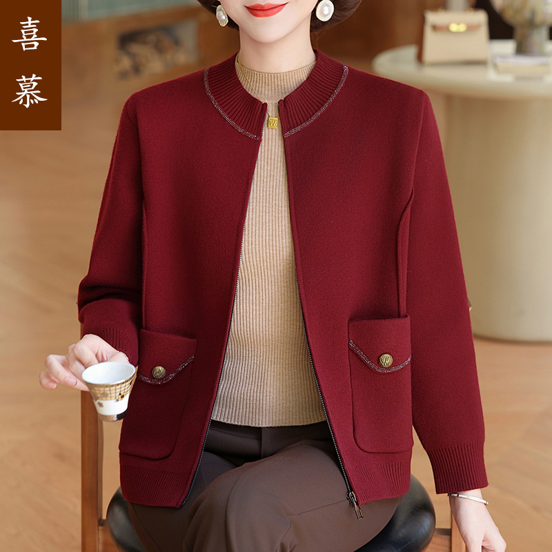 2025年妈妈装时尚针织拉链开衫上衣中老年女装秋季洋气减龄外毛衣