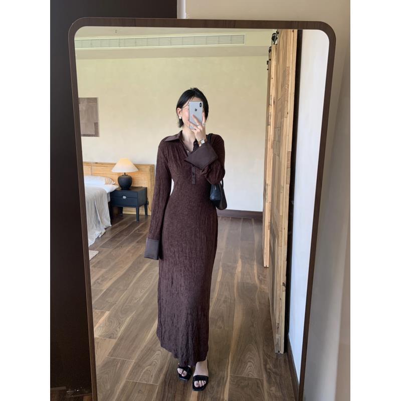 【ÉTRENER】磨毛褶皱气质连衣裙7686 QING