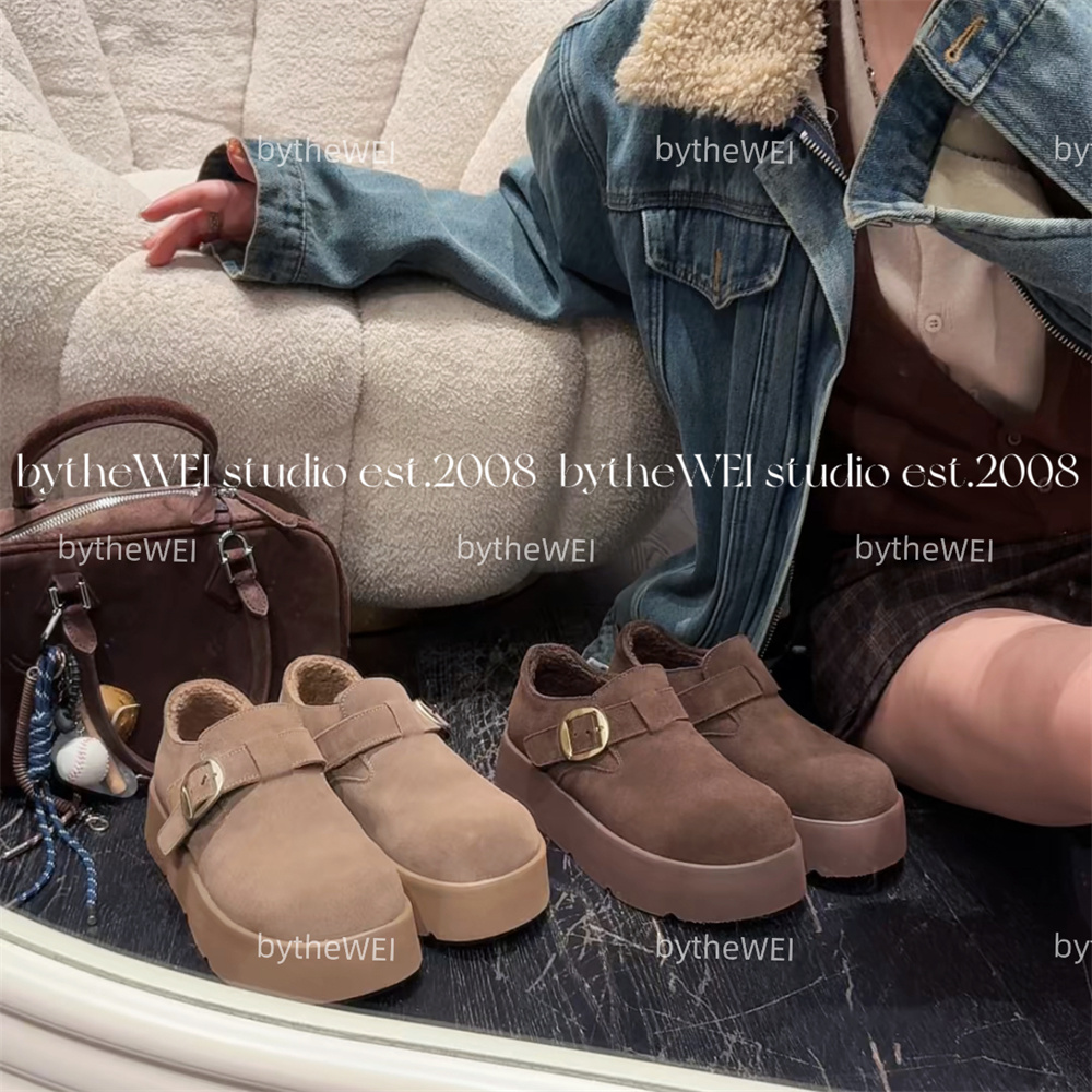 bytheWEI【黑巧可可】真皮厚底勃肯鞋显脚小矮子乐加绒一脚蹬女鞋