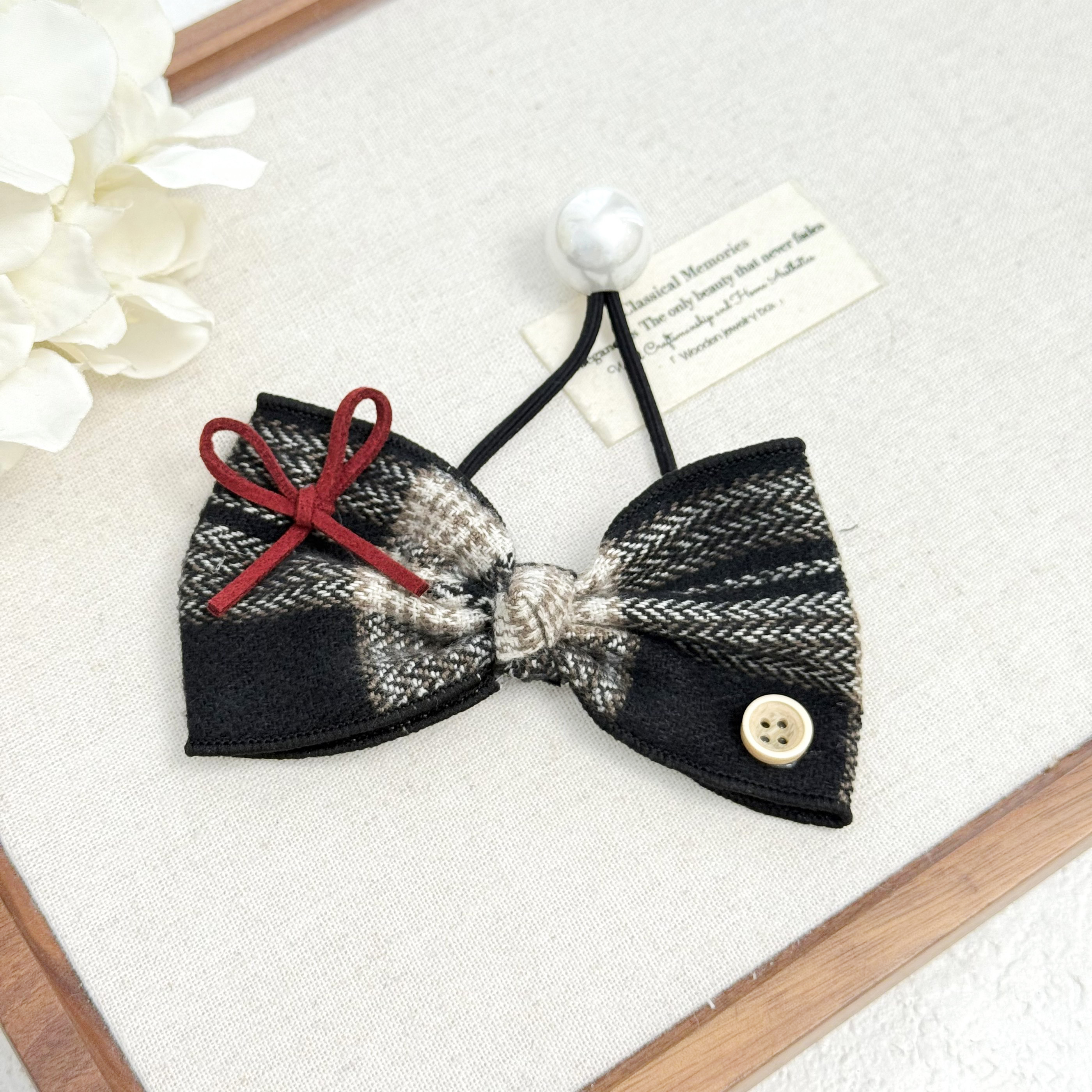 F-923经典格纹红色蝴蝶结珍珠发圈