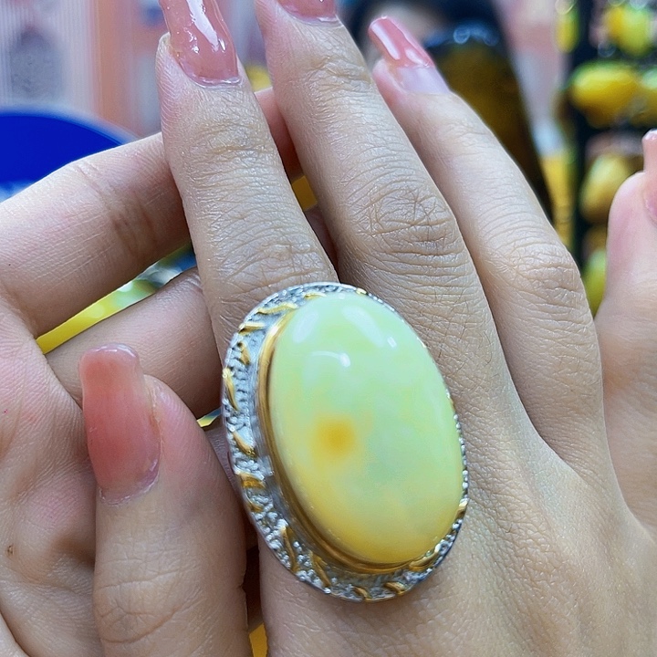 琥珀银S925镶嵌颈饰戒指