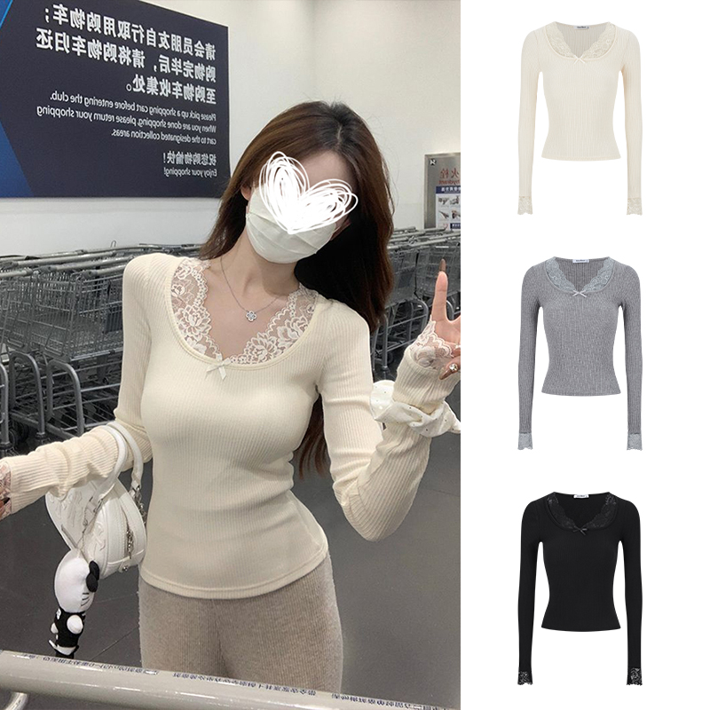 Moses Queen/魔西女王韩系穿搭蕾丝长袖T恤U领修身纯欲打底衫上衣