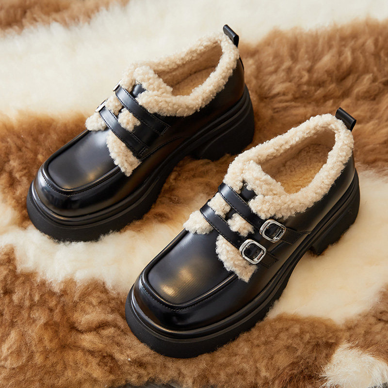 ZGR2025年新款粗跟通勤毛毛鞋加绒乐福鞋女秋冬棉鞋玛丽珍女鞋子