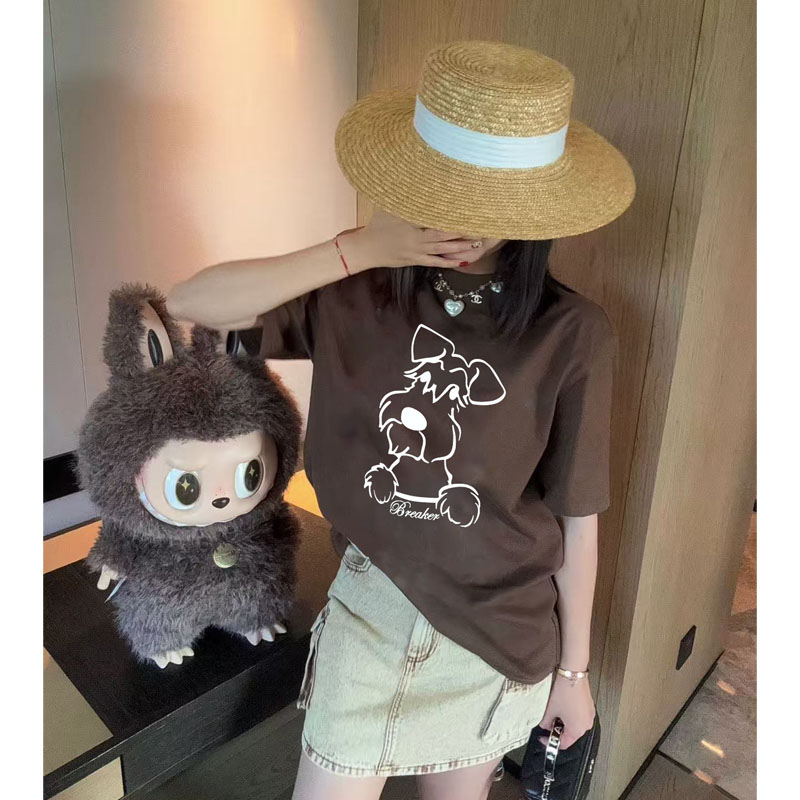 小狗t恤韩版慵懒短袖T恤减龄重工休闲卡通纯棉上衣ins大t恤女宽松