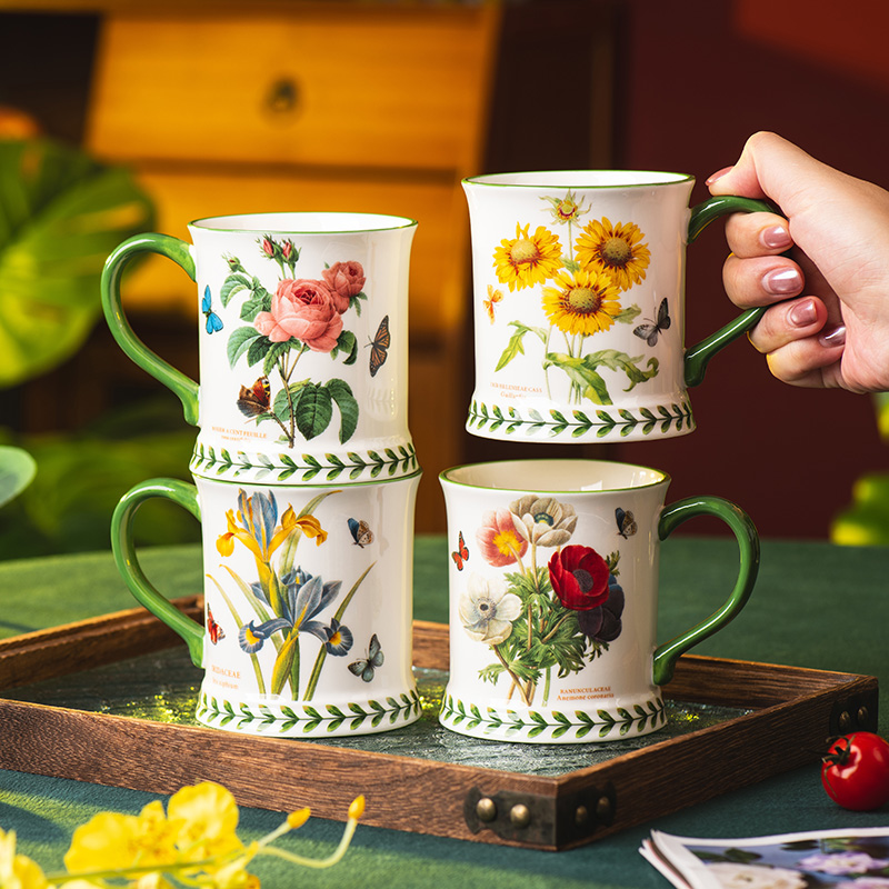 英花大容量马克杯陶瓷杯家用高颜值早餐杯咖啡杯情侣杯办公室茶杯