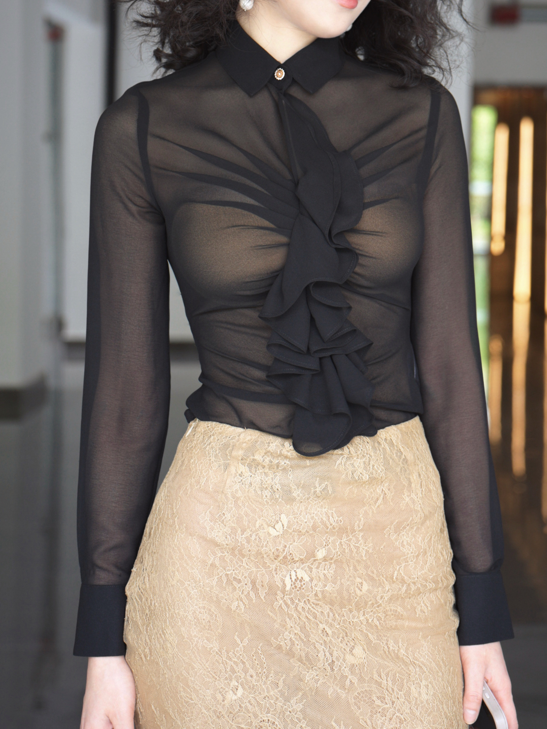 猫咪自制原创微透乔其纱胸前一片式立裁全包骨工艺收腰不勒上衣