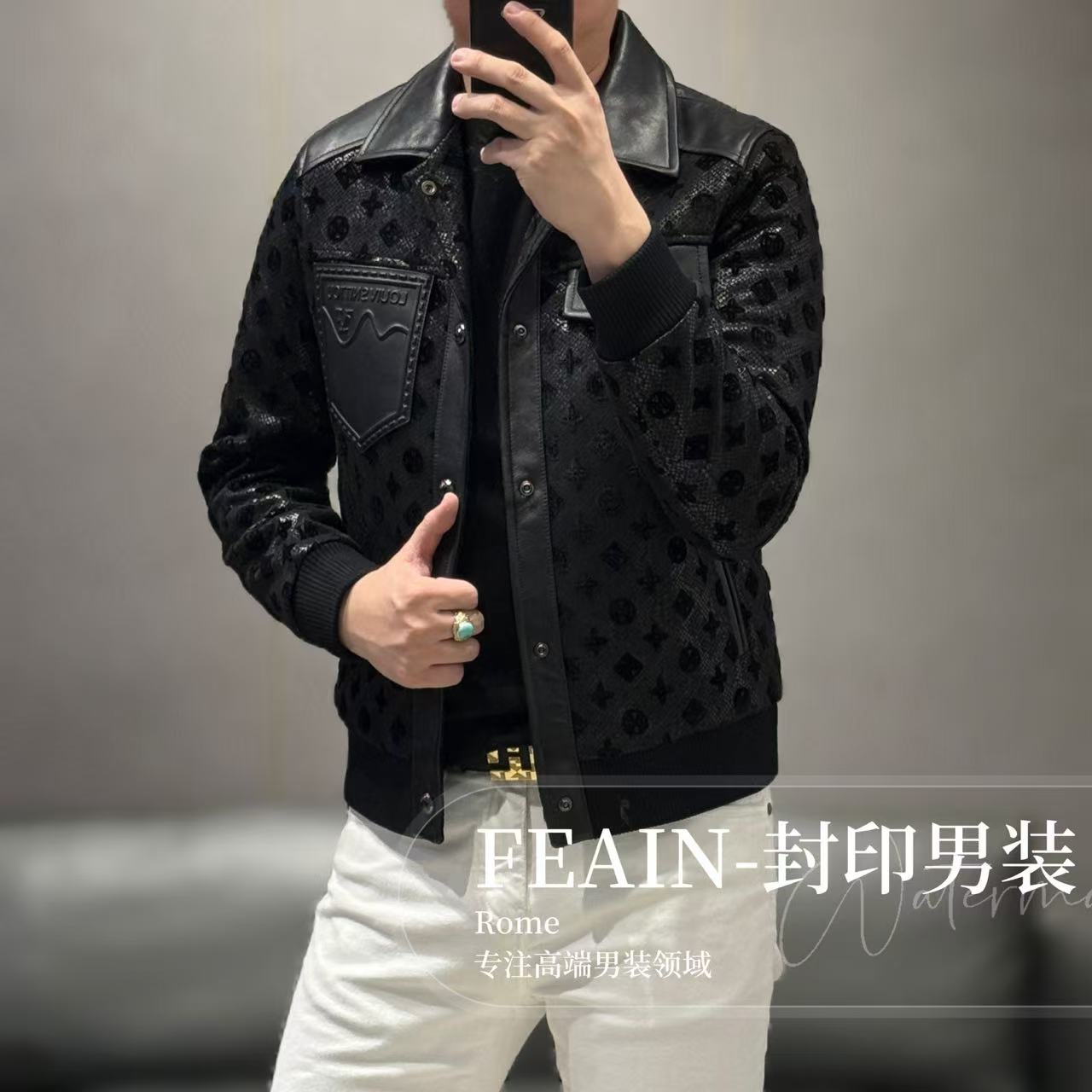 【绵羊皮拼接】高端男士激光雕花植绒工艺加棉夹克5J853