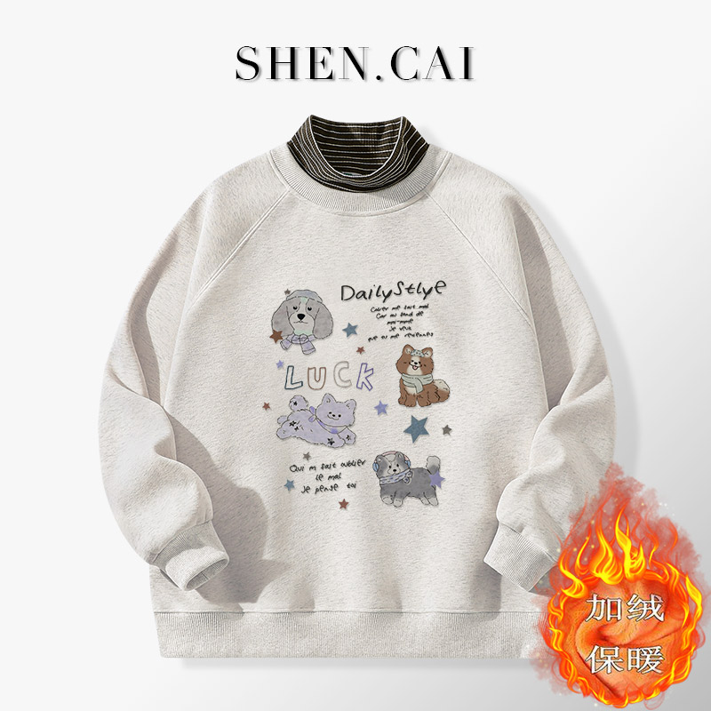 女童加绒卫衣秋冬装韩版青少年半高领假两件冬季加厚卡通休闲衣服