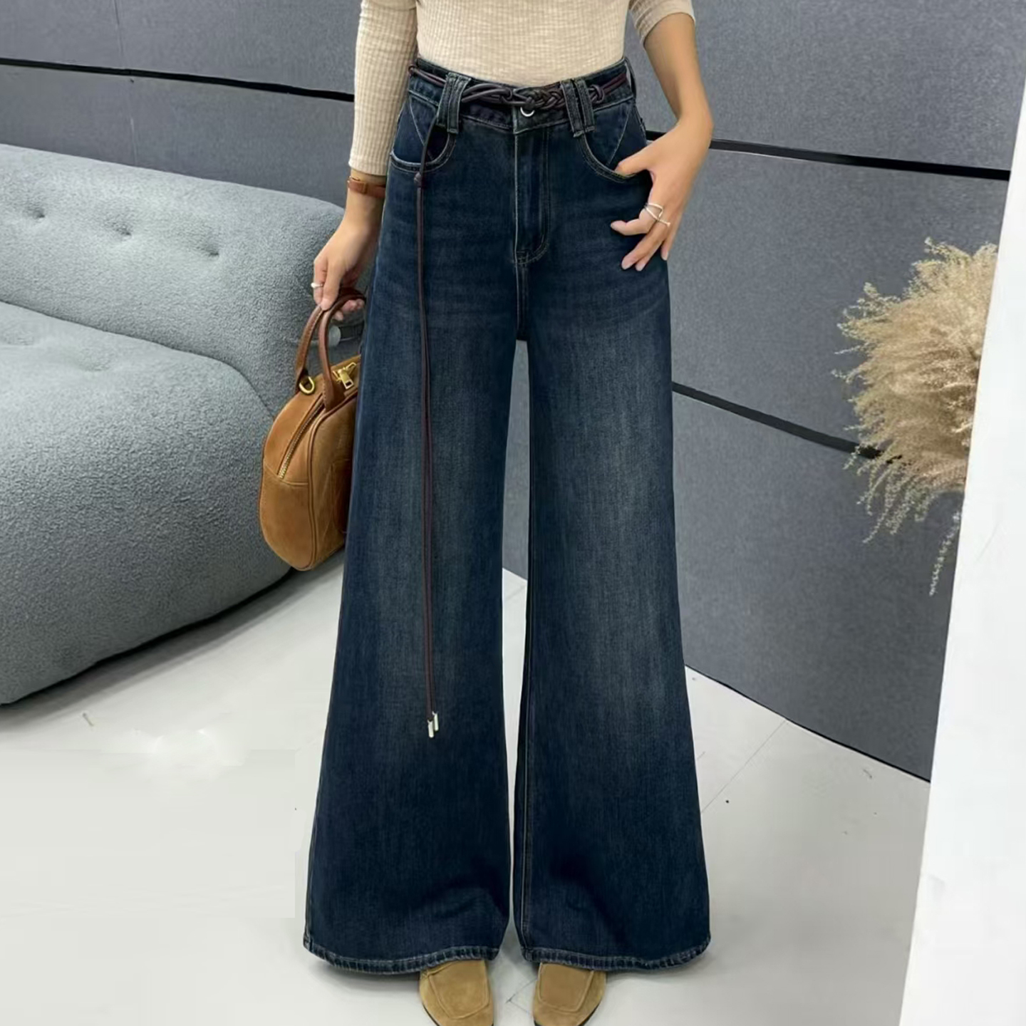 欧货深蓝色阔腿牛仔裤女春秋2025新款高腰喇叭长裤子腰带拖地裤潮
