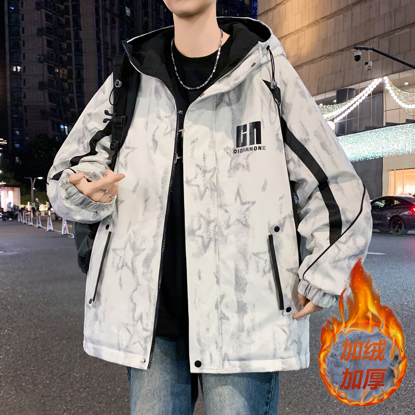 青少年加绒加厚男士冬季连帽夹克学院风时尚潮流百搭学生保暖外套