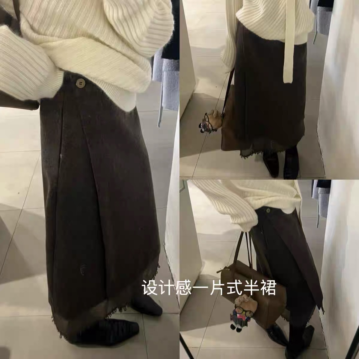 灰灰呀！6162 爆款超好看 韩代设计下摆拼接蕾丝毛呢一片式半身裙