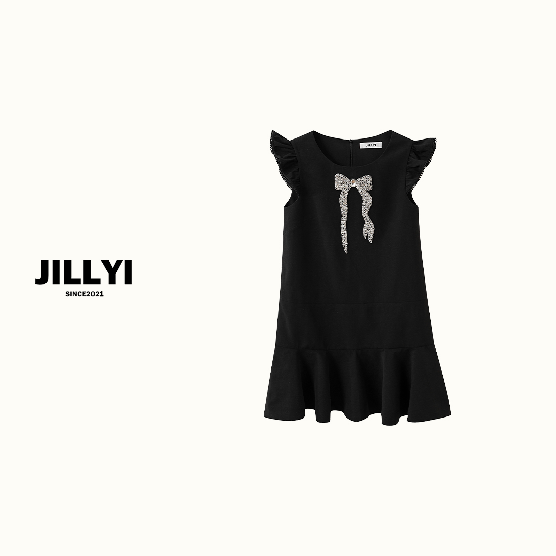 JILLYI珠海店【少女日记】黑色胸前蝴蝶结小飞袖连衣裙夏季少女感时