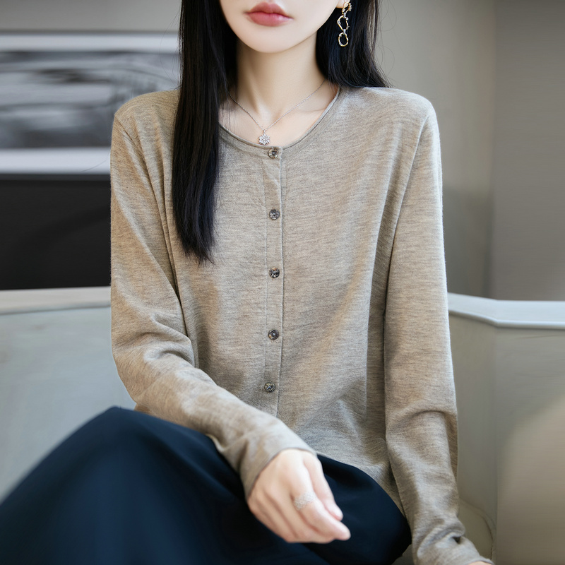 卷边圆领开衫女士60支100%精纺羊毛针织外套宽松大码薄款打底衫秋