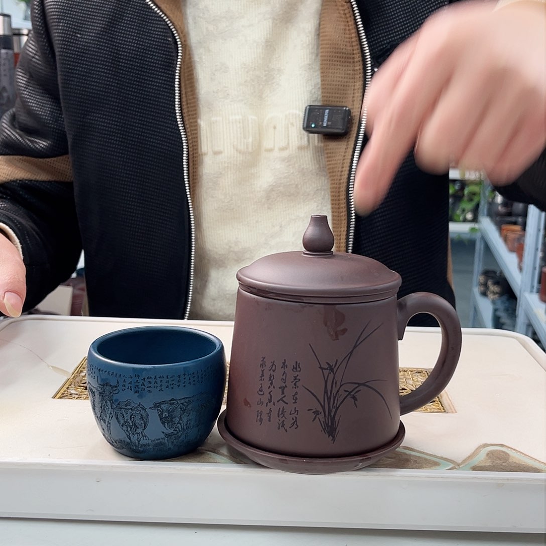 茶杯紫砂刻绘四件套+主人杯