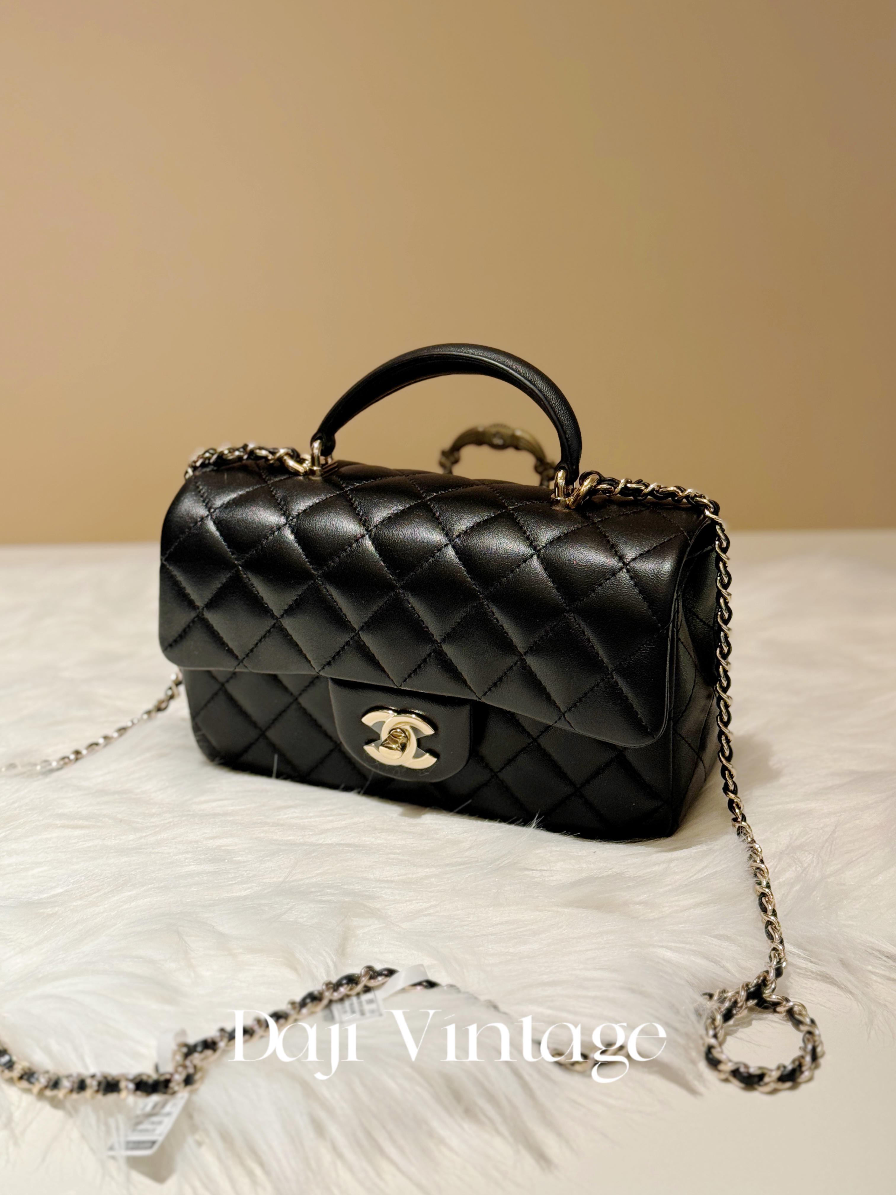 99新 Chanel/香奈儿 大吉中古3/香奈儿黑金手柄大mini斜挎包