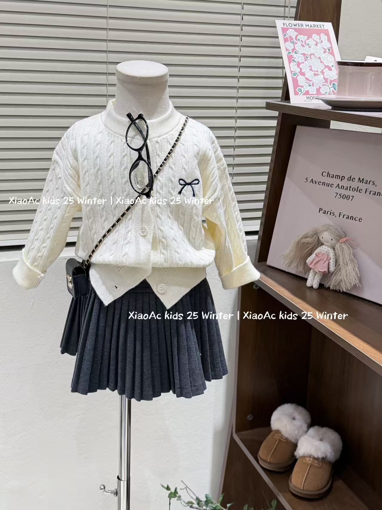 韩系女童冬季学院风穿搭奶白绞花加厚开衫女宝洋气毛呢加绒百褶裙