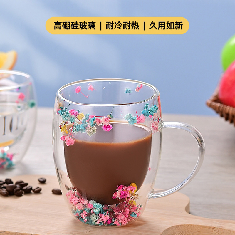 杯子2025新款女高颜值带把手双层耐热防爆耐高温家用水杯玻璃杯