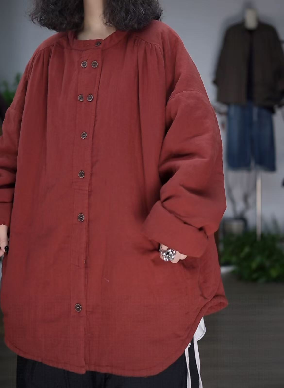 【若汐女装】欧版宽松休闲百搭设计款特色双排扣双纱棉麻衬衫25010