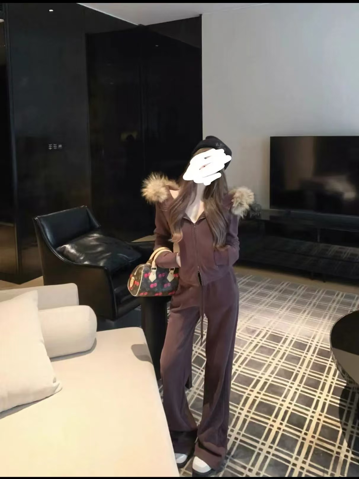 公主 美式复古微胖大码双拉链毛领连帽加绒外套68501/裤子68502