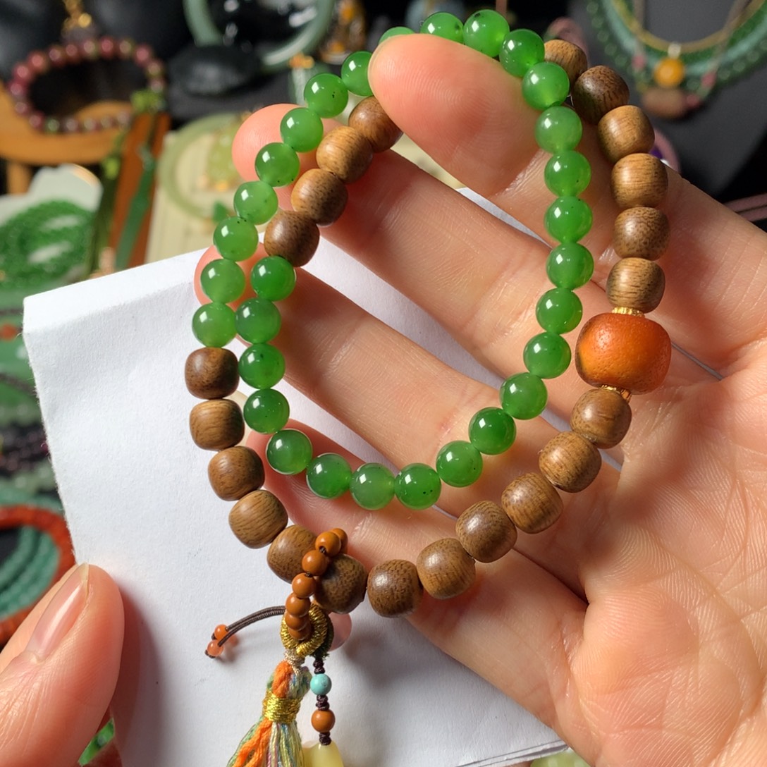 和田玉（碧玉）未镶嵌手串碧玉双圈手串SL0002