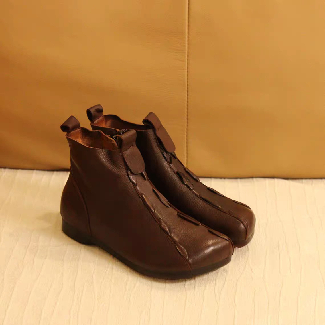 2519-2牛皮方头侧拉链休闲女短靴单靴