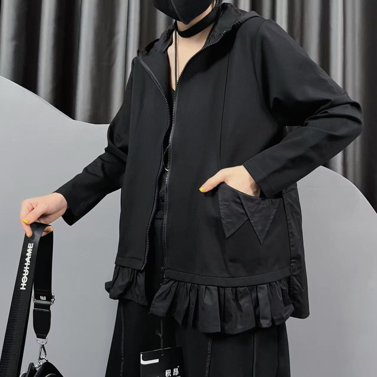 欧货潮牌女装秋季短外套3096拼接连帽长袖修身木耳边休闲外套新品