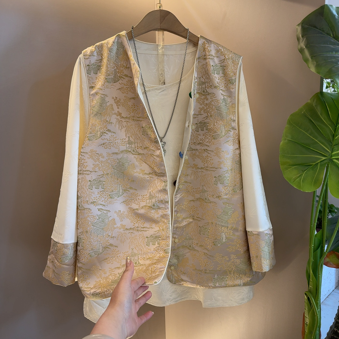 春款高级盘扣立领新中式国风马甲+拼接撞色打底两件套