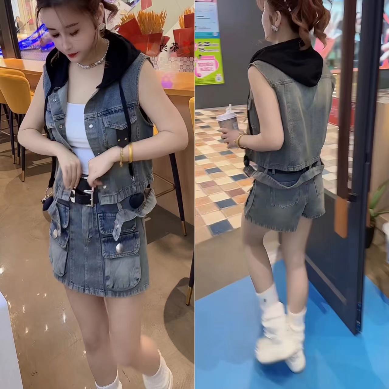 连帽马甲短裙宽松套装两件套夏季2025休闲时尚百搭牛仔14171417