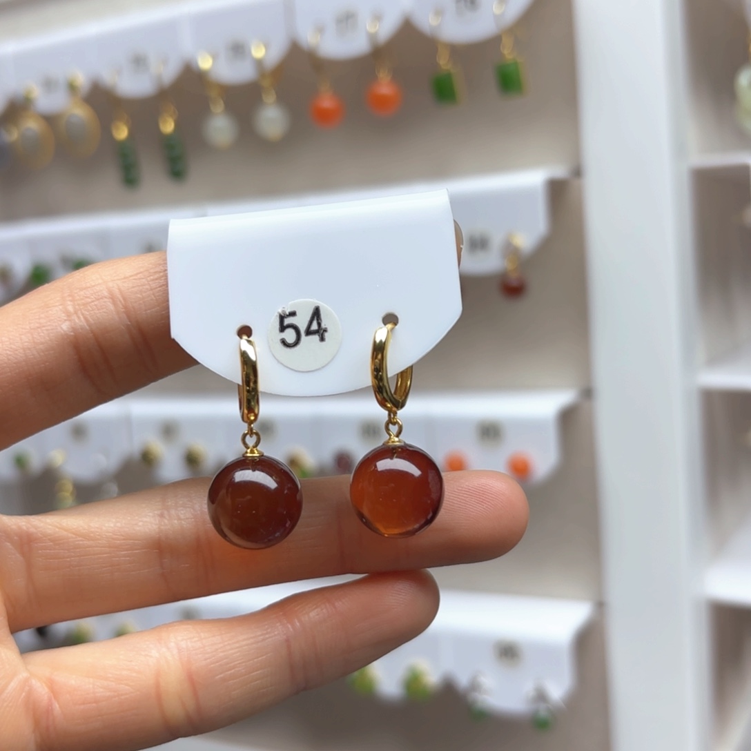 琥珀耳饰银S925镶嵌血珀