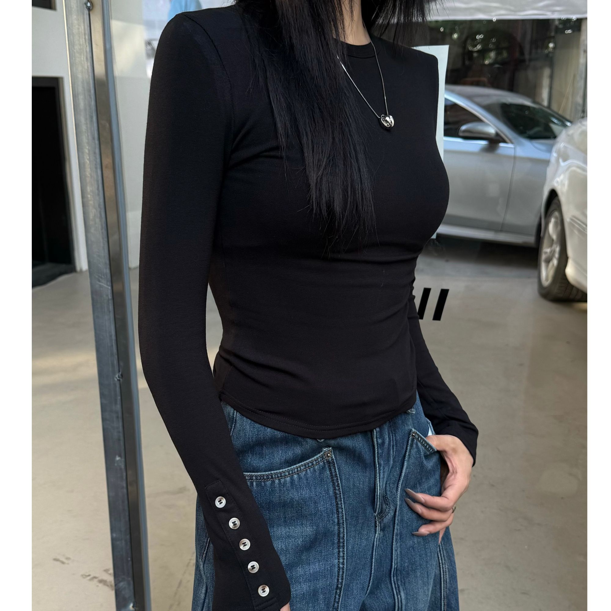 唐火火【挽风纽袖】冬季磨毛圆领袖口纽扣修身显瘦时尚长袖打底上衣