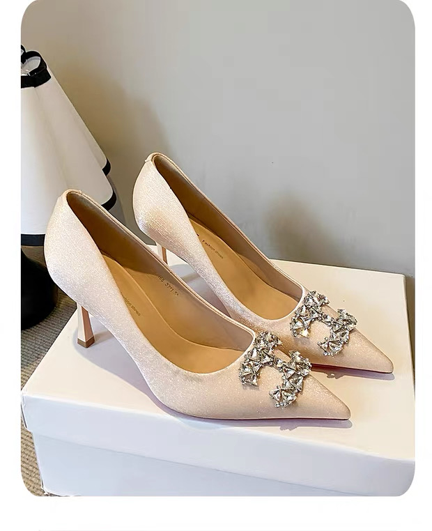 （7厘米）红底528-166香槟色水钻金属扣细跟高跟鞋