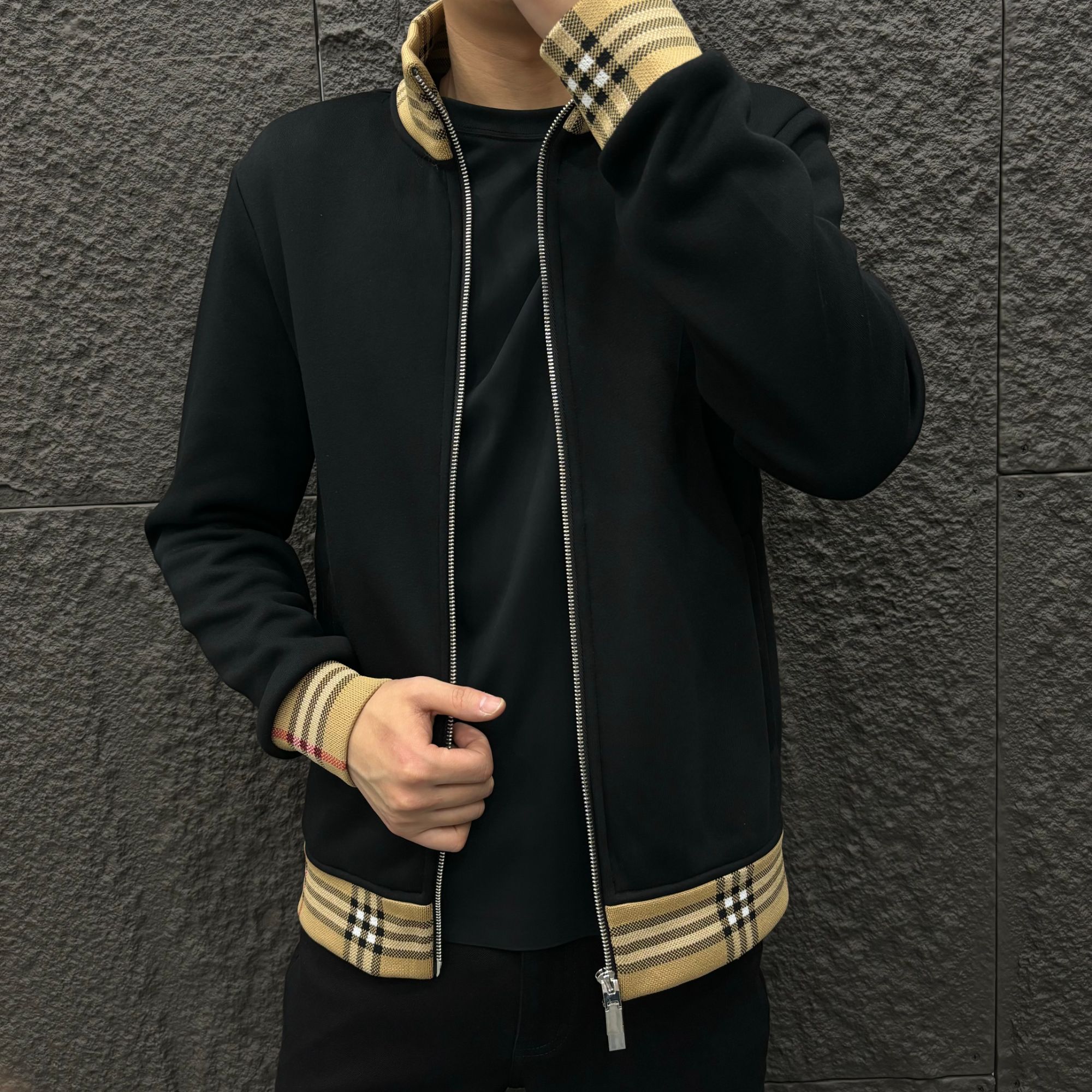 圆领时尚春季秋冬男士秋季千鸟格夹克针织春秋立领