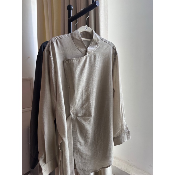 MUXI｜夏季羊毛天丝半立领绑带设计感衬衫透气舒适衬衫 41026