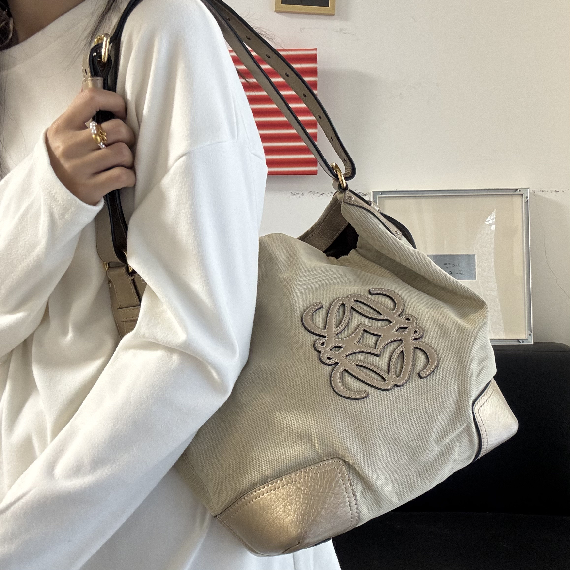 95新 LOEWE/罗意威 7 帆布拼皮大logo单肩包
