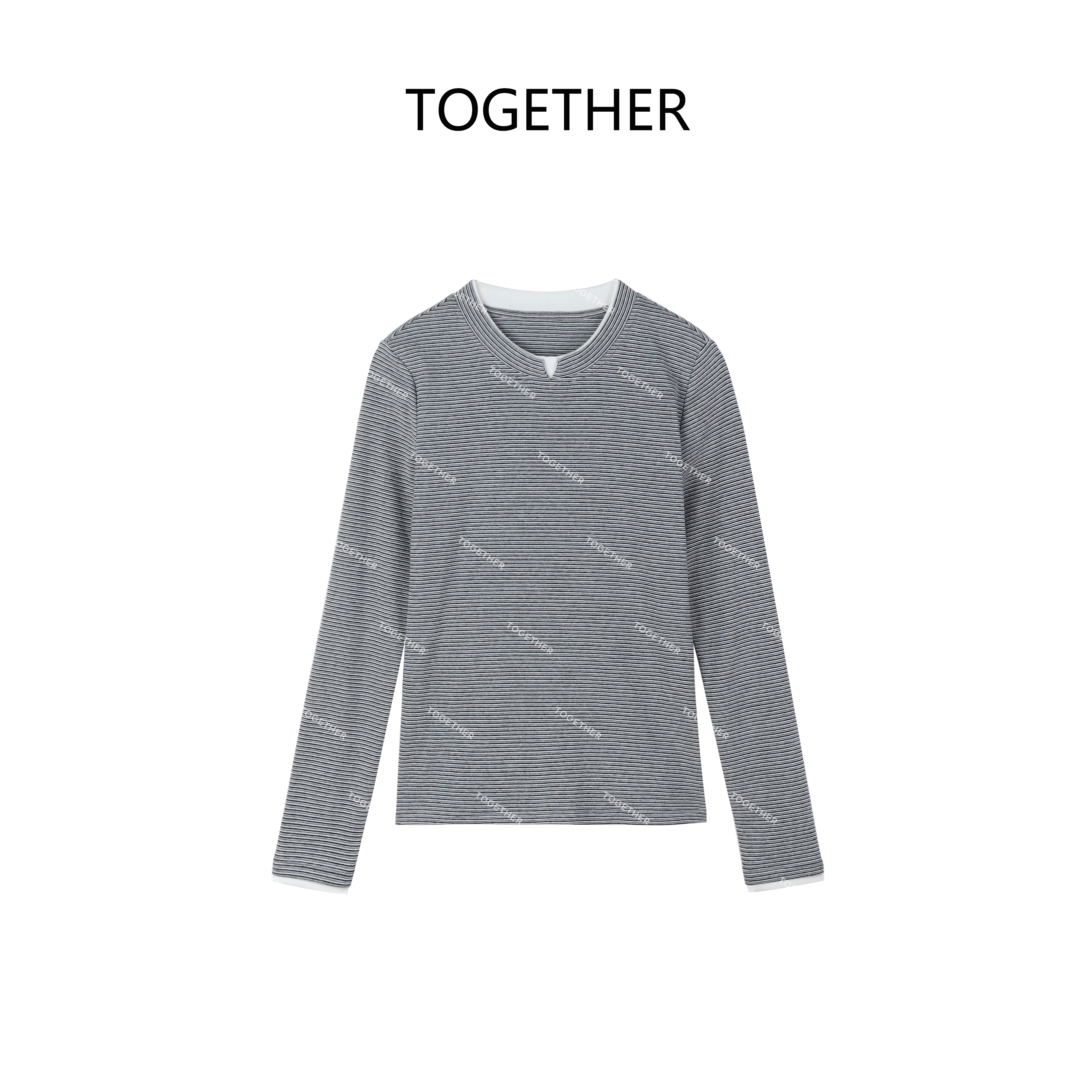  【TOGETHER】·提青 ·冬季绒面条纹拼接撞色假两件长袖T恤上衣W2231