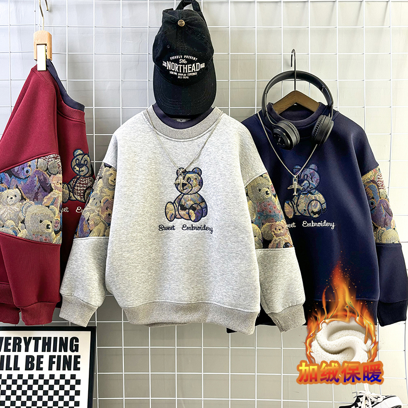 苏绣男童加绒卫衣加厚假两件秋冬新款高领儿童保暖中大童男孩冬装