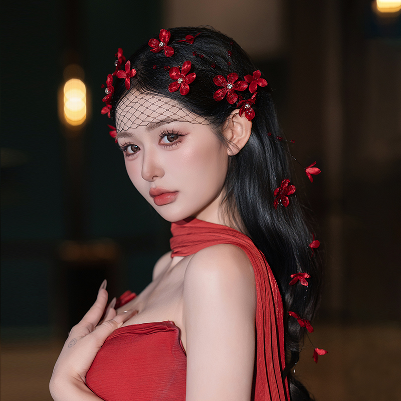 S364新娘头饰红色结婚敬酒服头饰订婚高级感婚纱礼服配饰发饰品