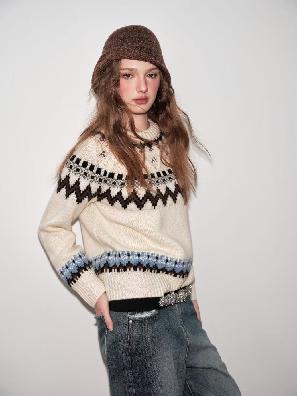 Aimmesparrow25SS棕色花纹字母刺绣标费尔岛提花上衣