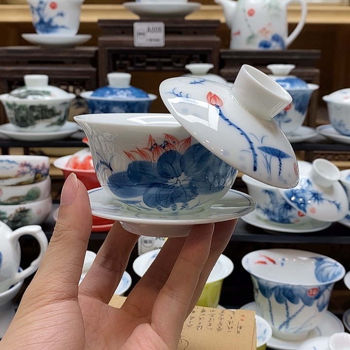 手绘荷花悬停盖碗150cc釉下彩微瑕福利款