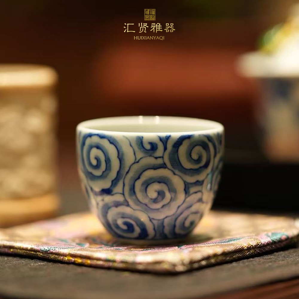 青花柴窑卷云纹迷你主人杯30cc手工纯手绘茶杯迷你客杯茶器茶具