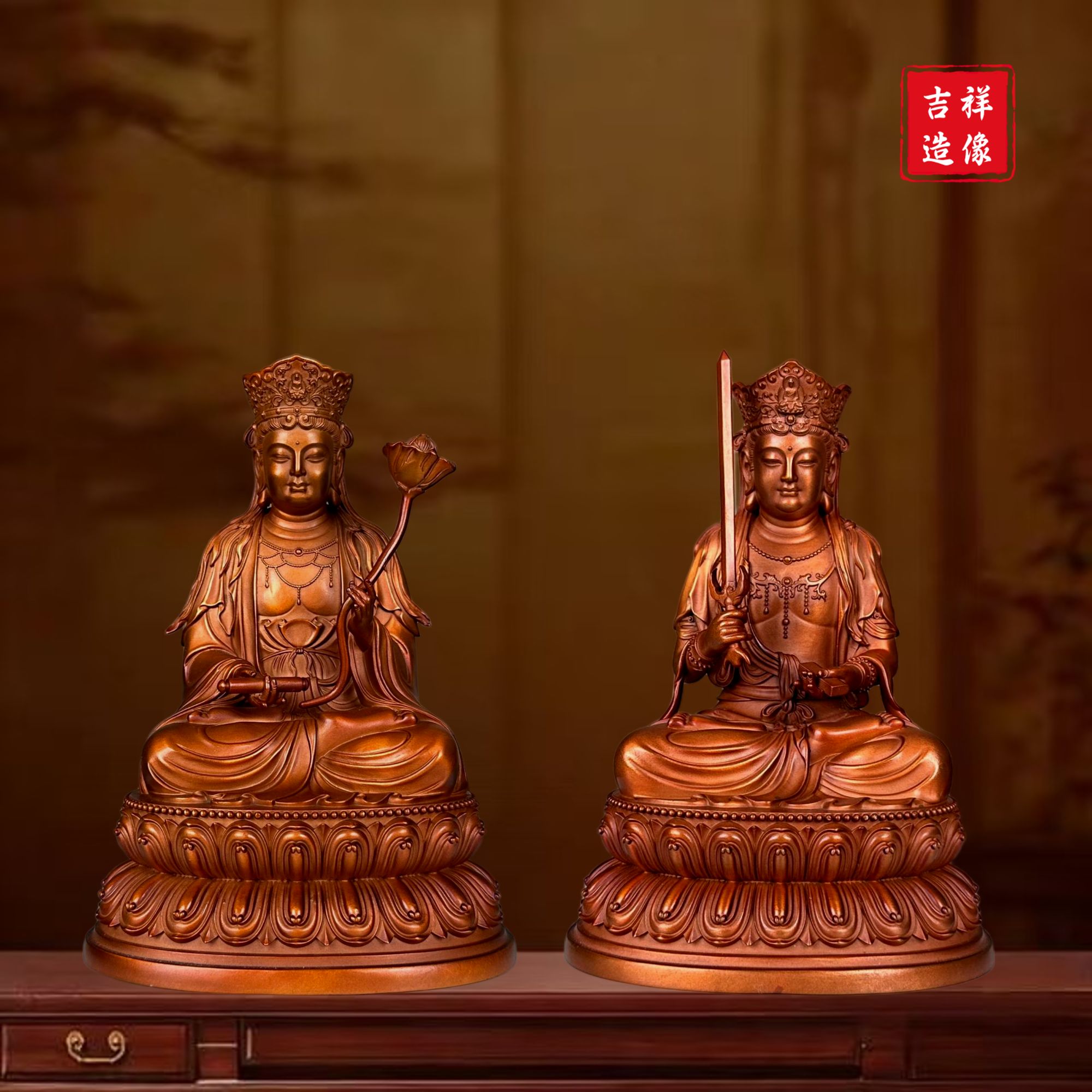 吉祥造像纯紫铜《文殊普贤菩萨》家居纯紫铜造像艺术品摆件