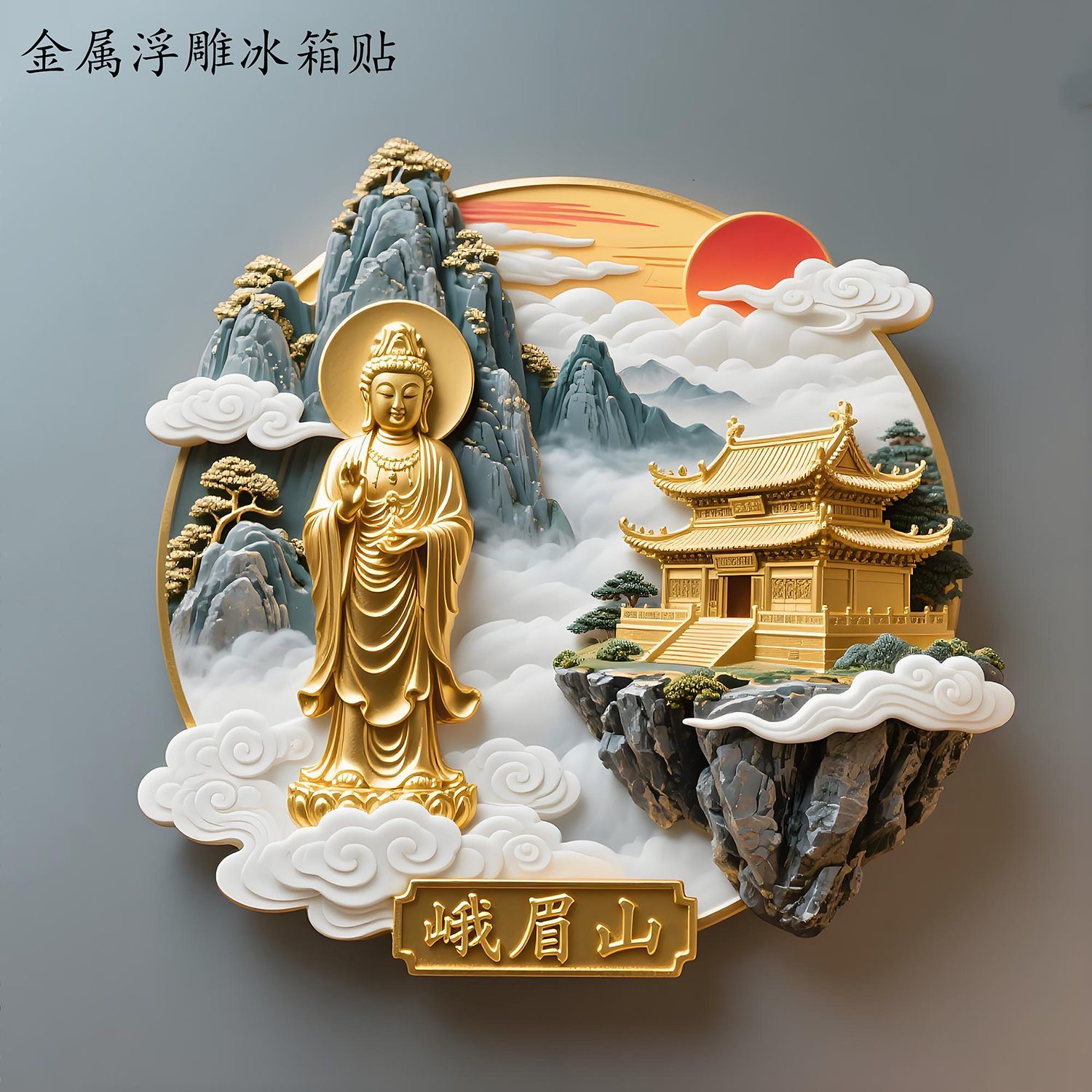 四川峨眉山金属浮雕冰箱贴立体磁吸金顶日出旅游景点纪念品伴手礼