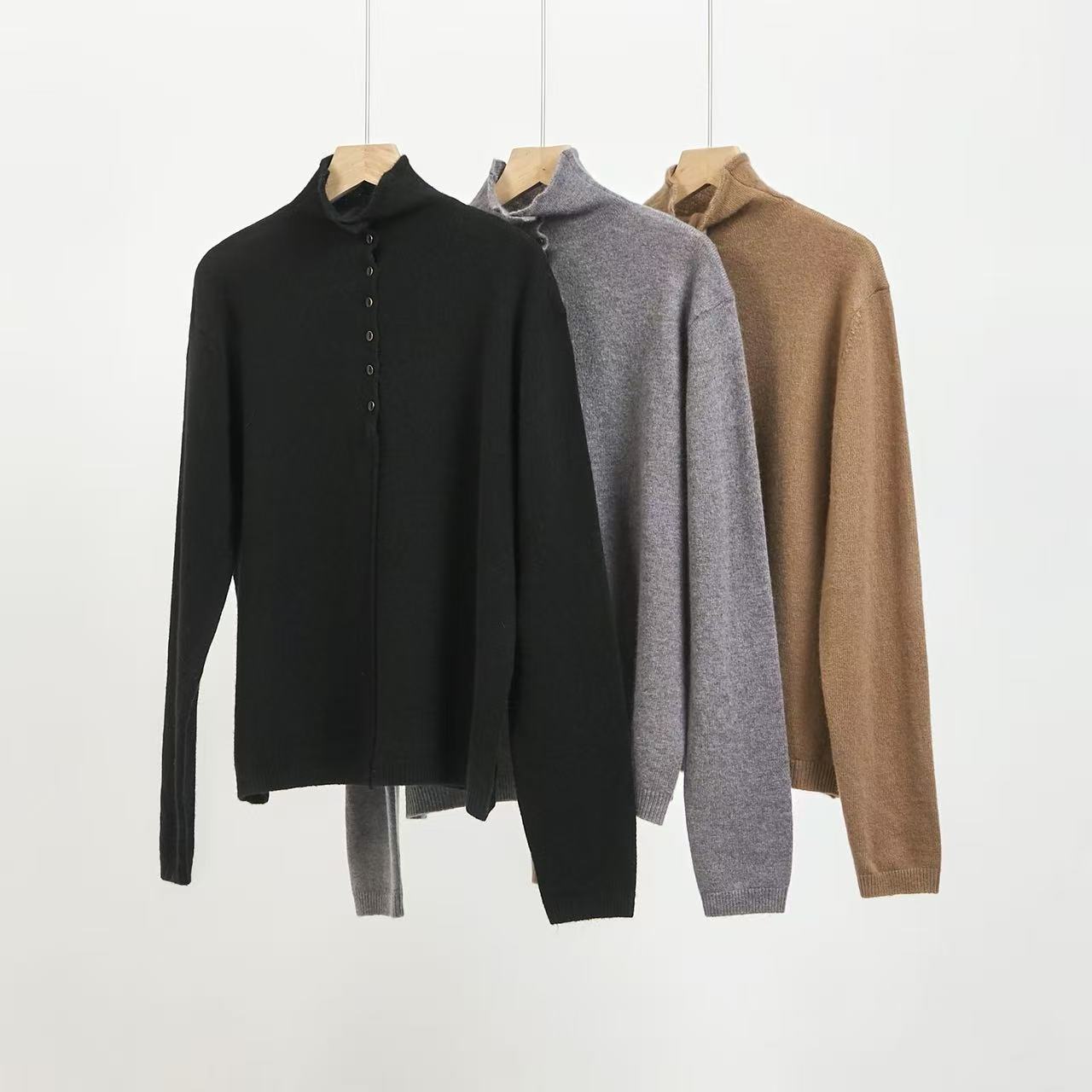 【浥尘女装】685高品质羊绒衫 半纽扣多变百搭高领山羊绒羊毛衫