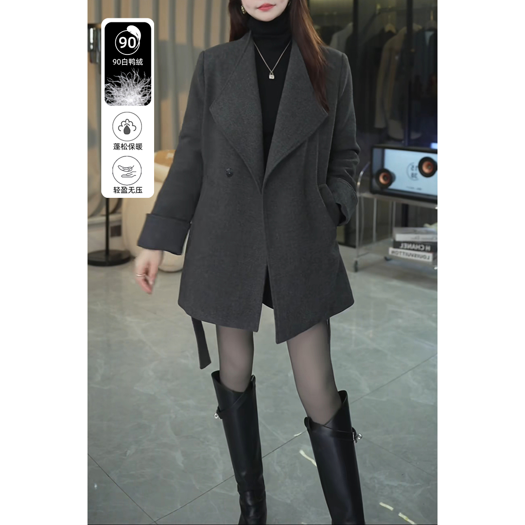 冬季设计感毛呢羽绒外套女中长款系带百搭知性大衣小个子加厚风衣