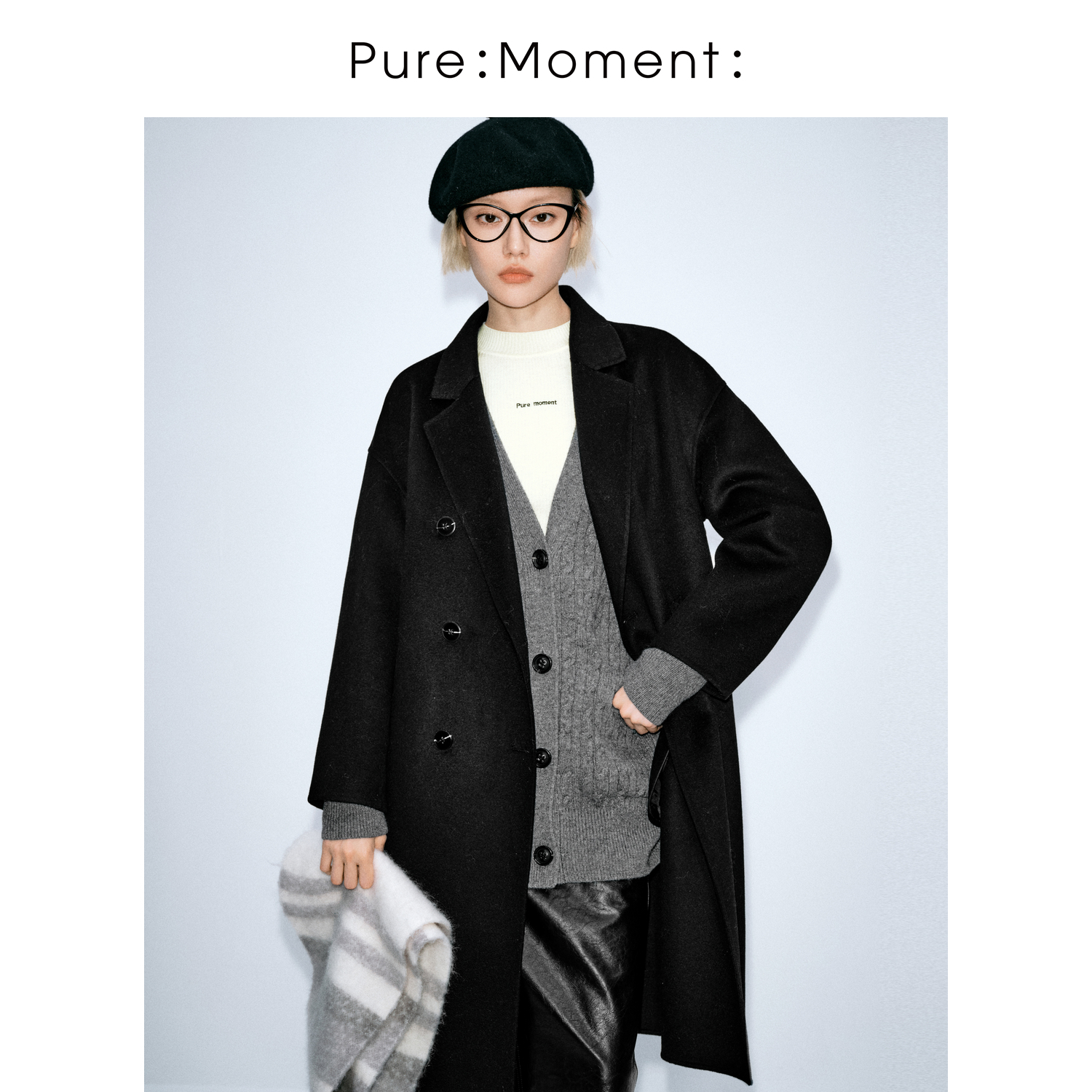 小麦檬Pure:Moment:秋冬简约高级通勤韩系黑色大衣外套499A170561