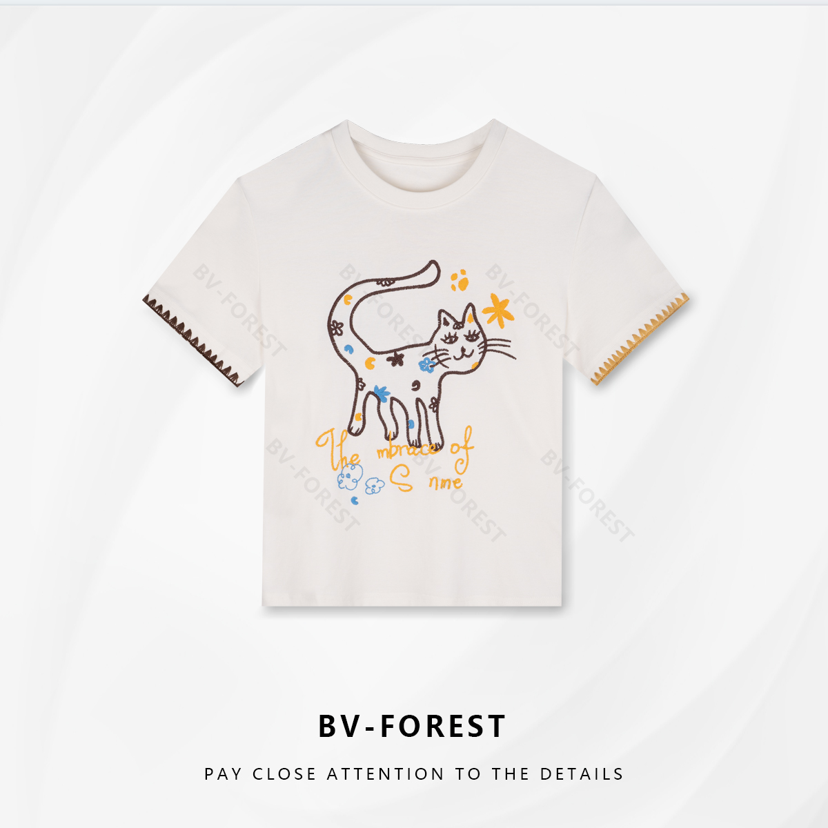BV-FOREST“元气少女”夏季新款刺绣款字母猫咪短袖T恤BV-T0253