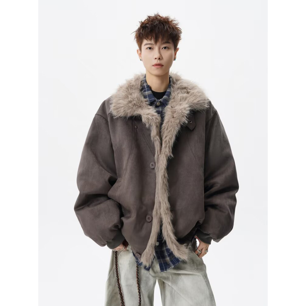 慵懒潮流羊羔绒毛棉袄男士冬季2025新款连帽棉衣冬装情侣棉服外套